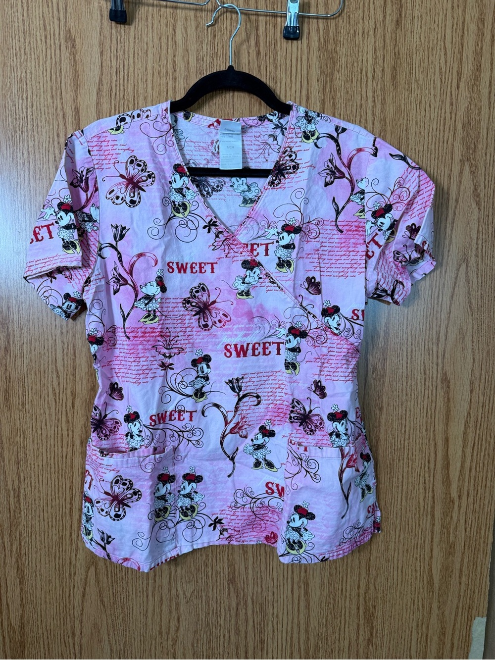 Disney Pink 'Sweet' Printed V-Neck Short Sleeve Scrub Top